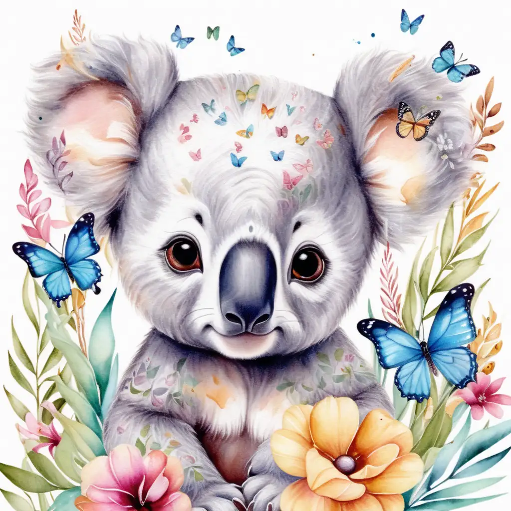 Charming Watercolor Baby Koala Surrounded by Vibrant Flowers and Butterflies