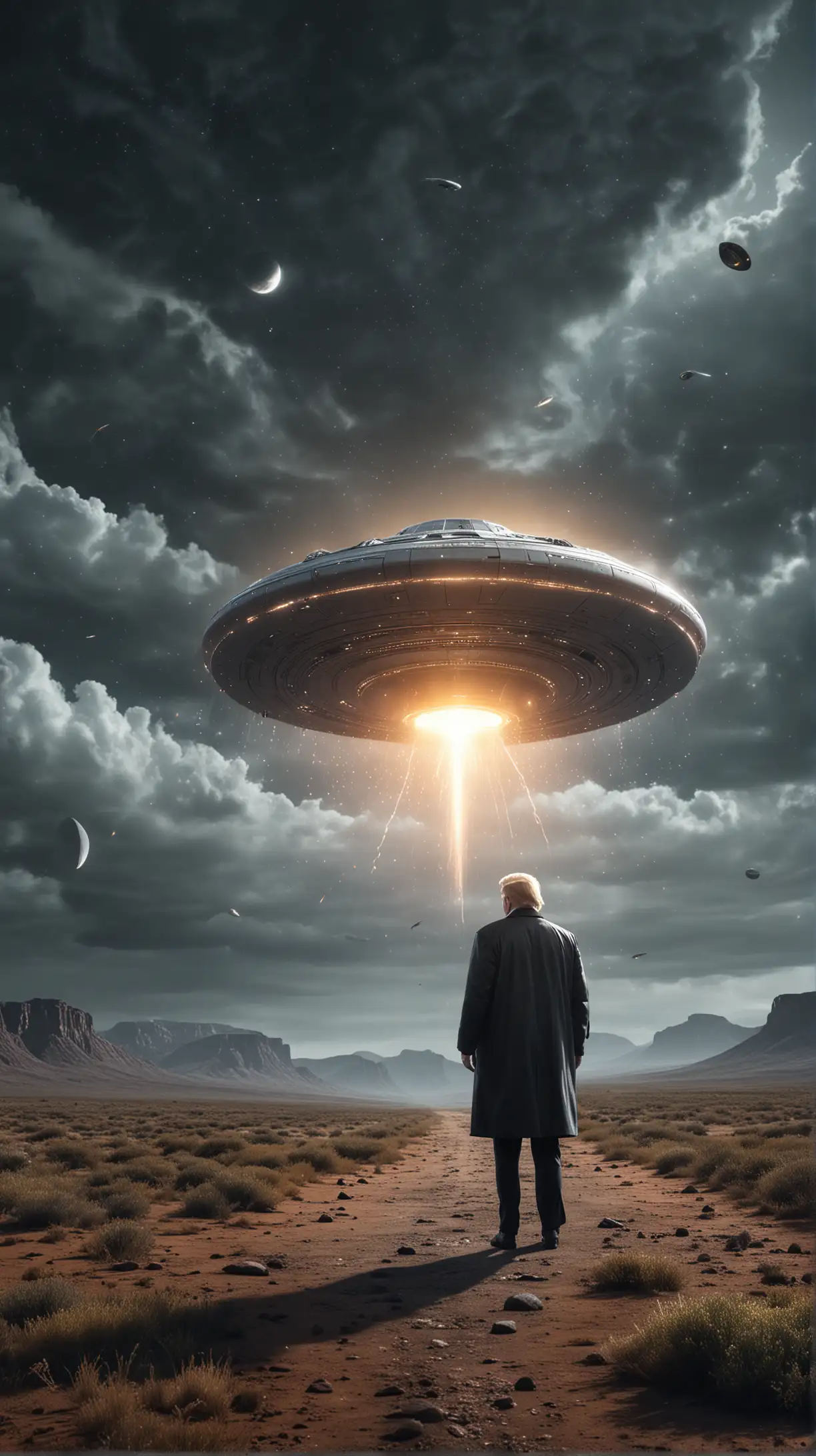 mystical UFO Encounter Digital Art illustrating Brazel, Donald Trump Ultra realistic with long jacket on , stumbling upon remainings of a UFO. Creating a scene with an air of mystery and discovery, Inspirations from Sci-Fi Art, Medium Shot, Quantum Wavetracing Render, Moody Lighting