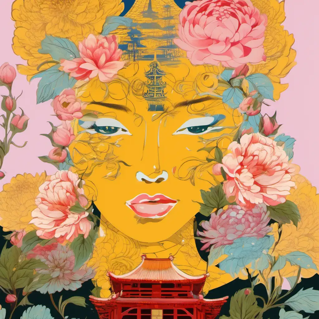 Lady face with chrysanthemums roses peonies and chinoiserie pagoda headdress 