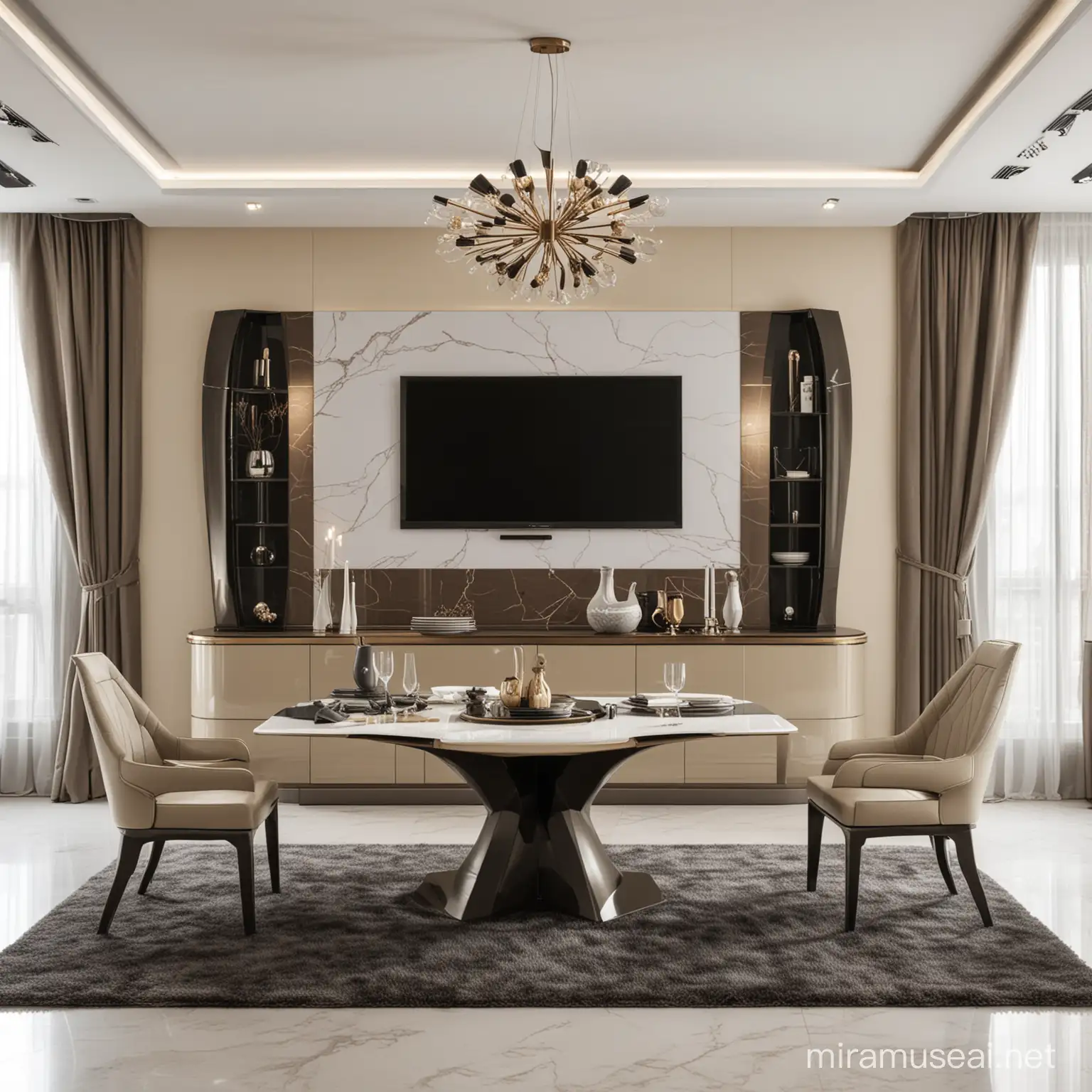 Luxury Futuristic Trkiye Dining Room Set 2095 Antree TV Table Khaki and Anthracite with Champagne Accents
