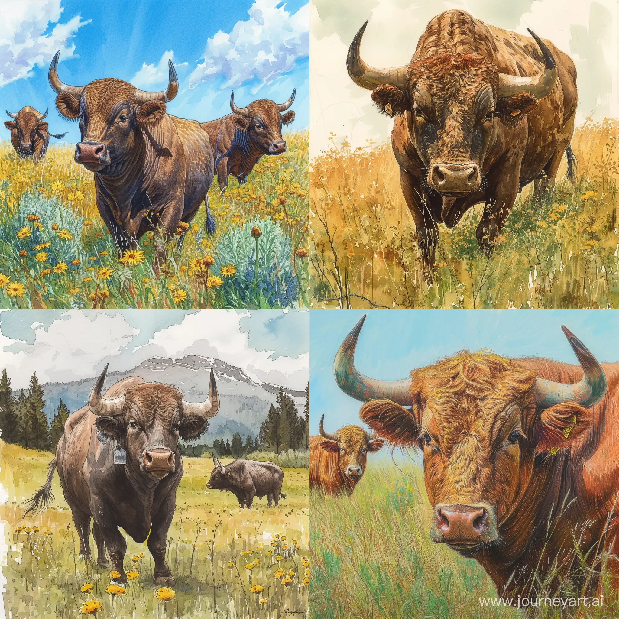 Meadow-Bulls-Grazing-in-Harmonious-Unity