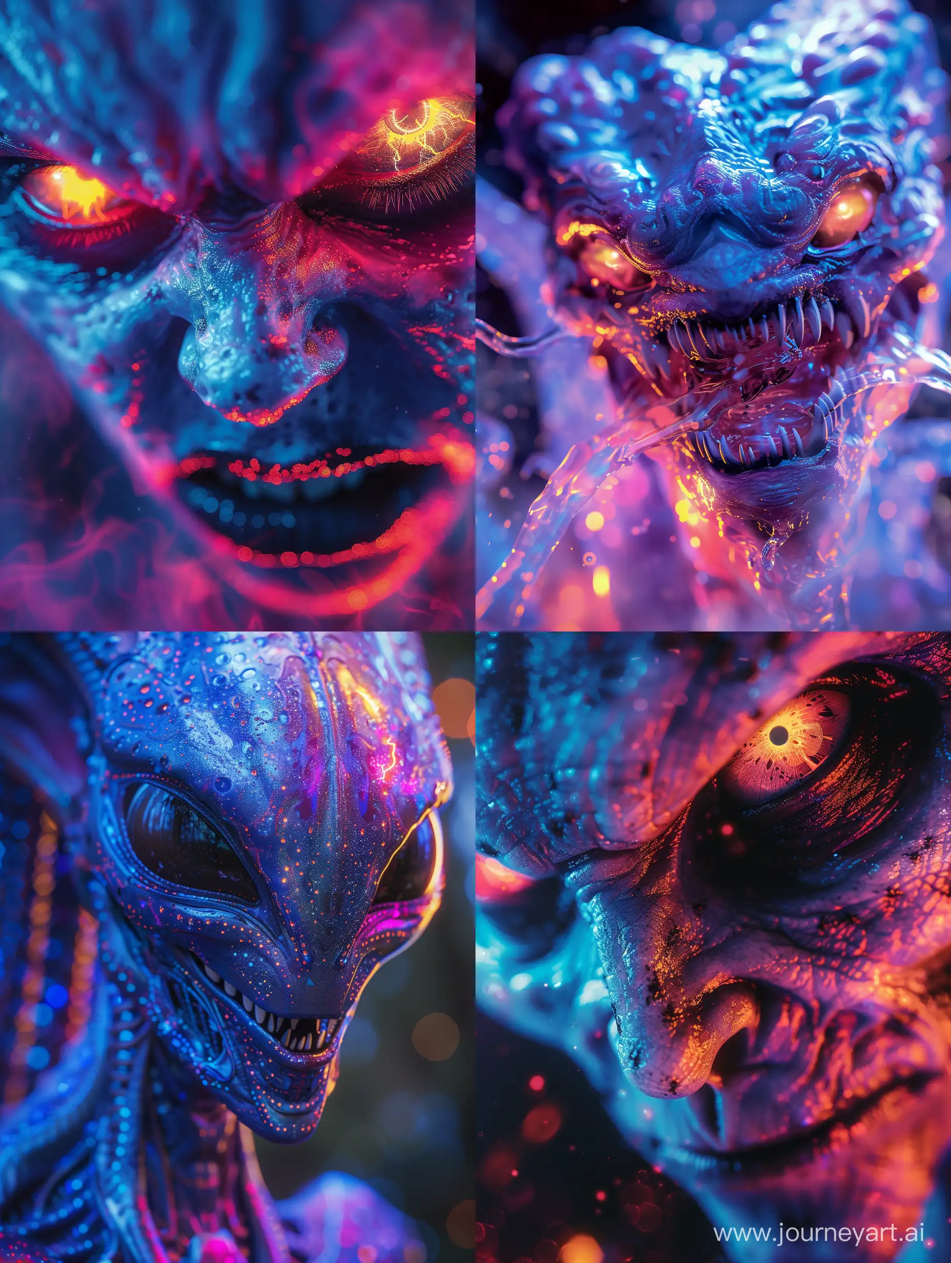 Very very extreme absurde fantastic angry alien ,extreme closeup with fisheye ,dynamic camera angle dramatic  light neon effect ,colorful ,fashion shoot ,highly detailed --ar 3:4 --style raw --stylize 500 --v 6
