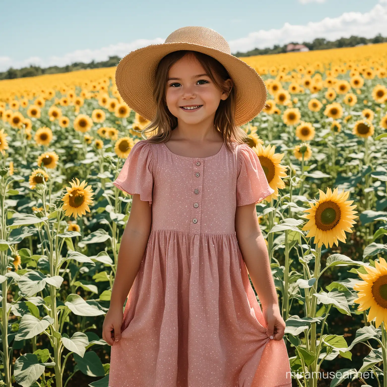 una bambina ricciola in un campo di girasoli con cappello di paglia e un vestito rosa