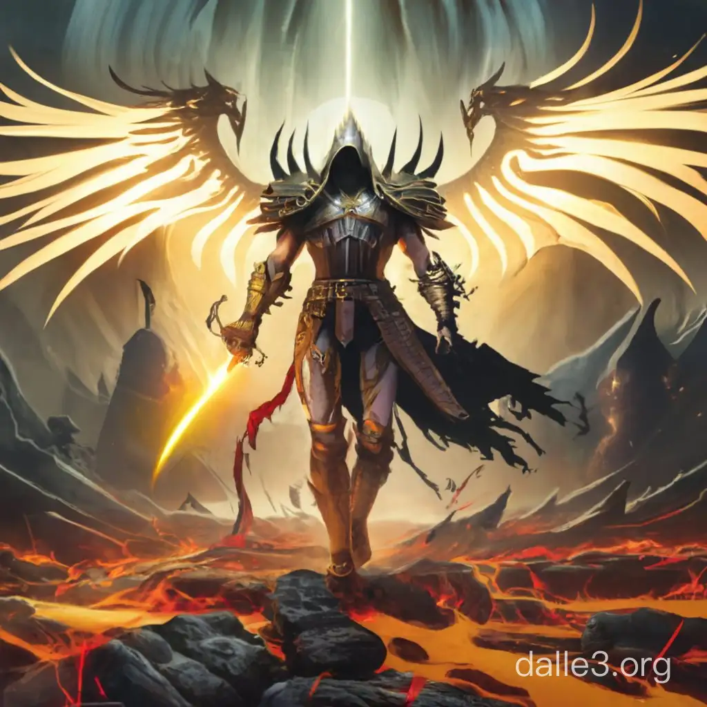 Amidst the fiery depths of Hell, Tyrael clashes with Diablo in a gruesome battle. The air is thick with demonic energy as Tyrael's radiant wings unfurl, contrasting against the ominous darkness. Diablo, a monstrous entity wreathed in shadows, exudes a malevolent aura. The battlefield is a chaotic blend of molten lava and twisted landscapes. The clash of steel against demonic flesh echoes in the abyss, creating a scene of dark, gory, and epic proportions, reminiscent of the visceral visuals found in Diablo 3!