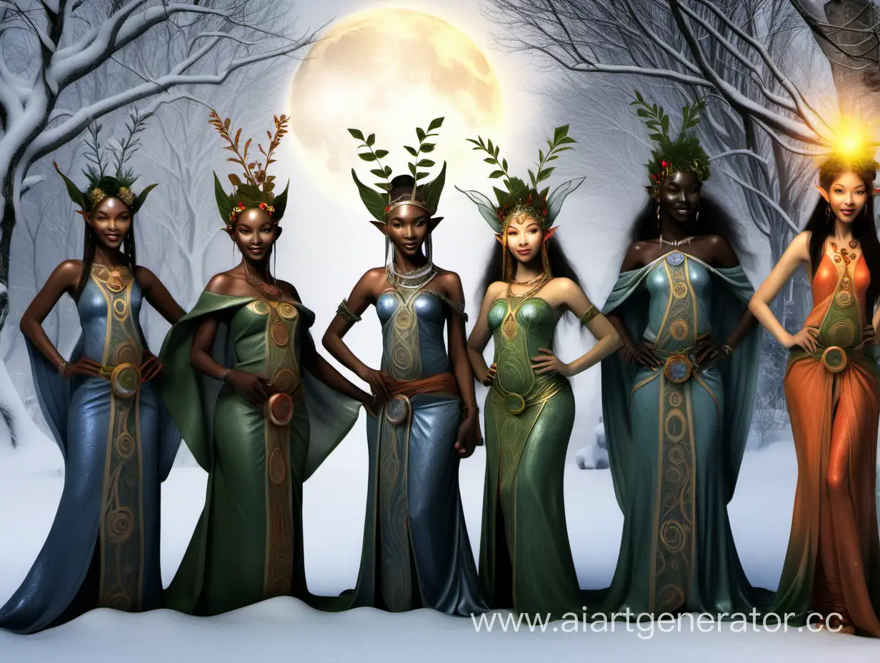 African, Asian and European elves and fairies celebrating Winter Solstice.