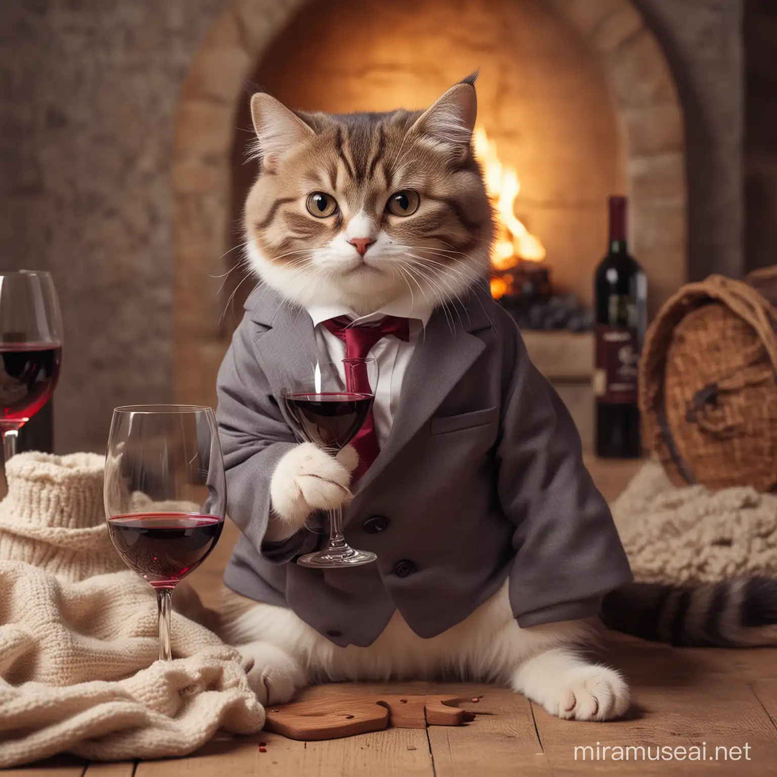 cute little cat in suit tasting wine in a cosy environment