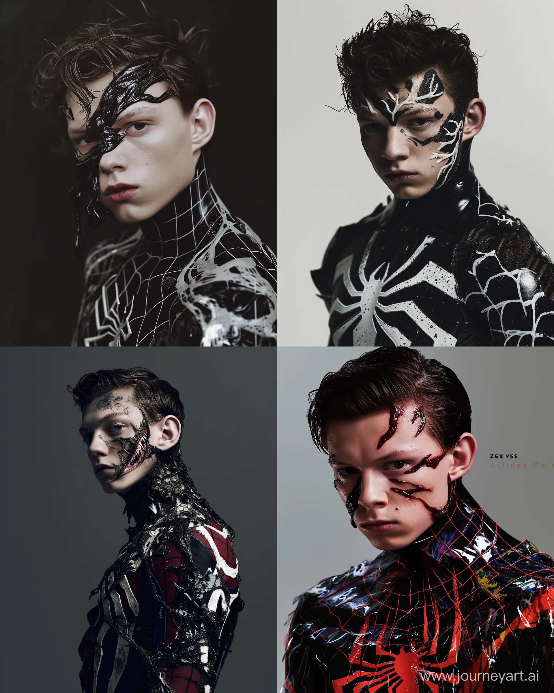 Experience the allure of high fashion with a jaw cover shot by the talented Miles Aldridge. This visually stunning image showcases a striking  Venom Spider man Tom Holland. Shot with the Zeiss Otus 85mm f/1.4 lens, this photo offers exceptional sharpness and detail, allowing every intricate detail of the model's ensemble to shine. The raw style chosen adds a touch of authenticity, elevating the image to a new level of visual appeal. With a stylization level of 50, the image blends fashion and art, creating a truly unforgettable cover --ar 4:5 --style raw --stylize 50 --v 6.0