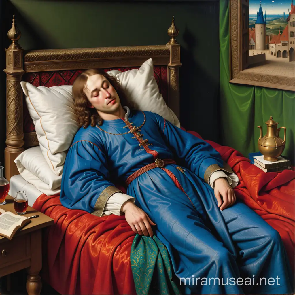 Van Eyck Inspired Oil Painting Full Length View of Sleeping Man in Bed