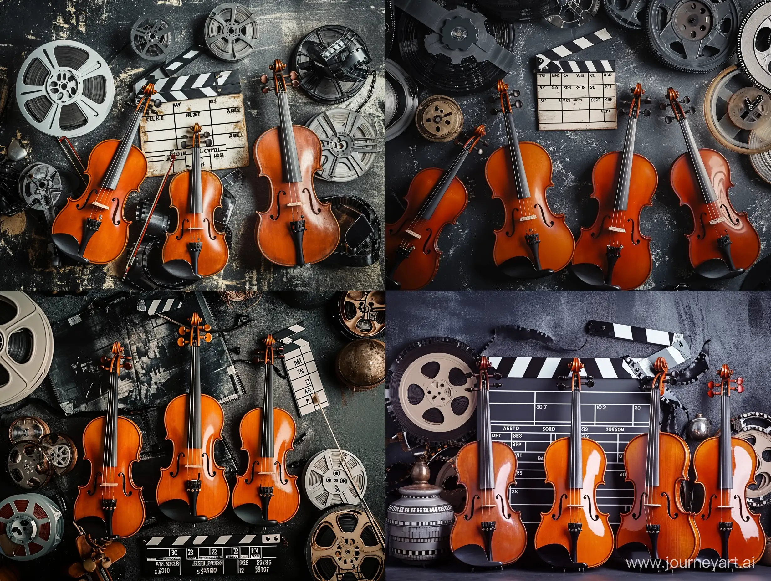 скрипки и альты в окружении кинопленки, режиссерской хлопушки, пленки в катушках