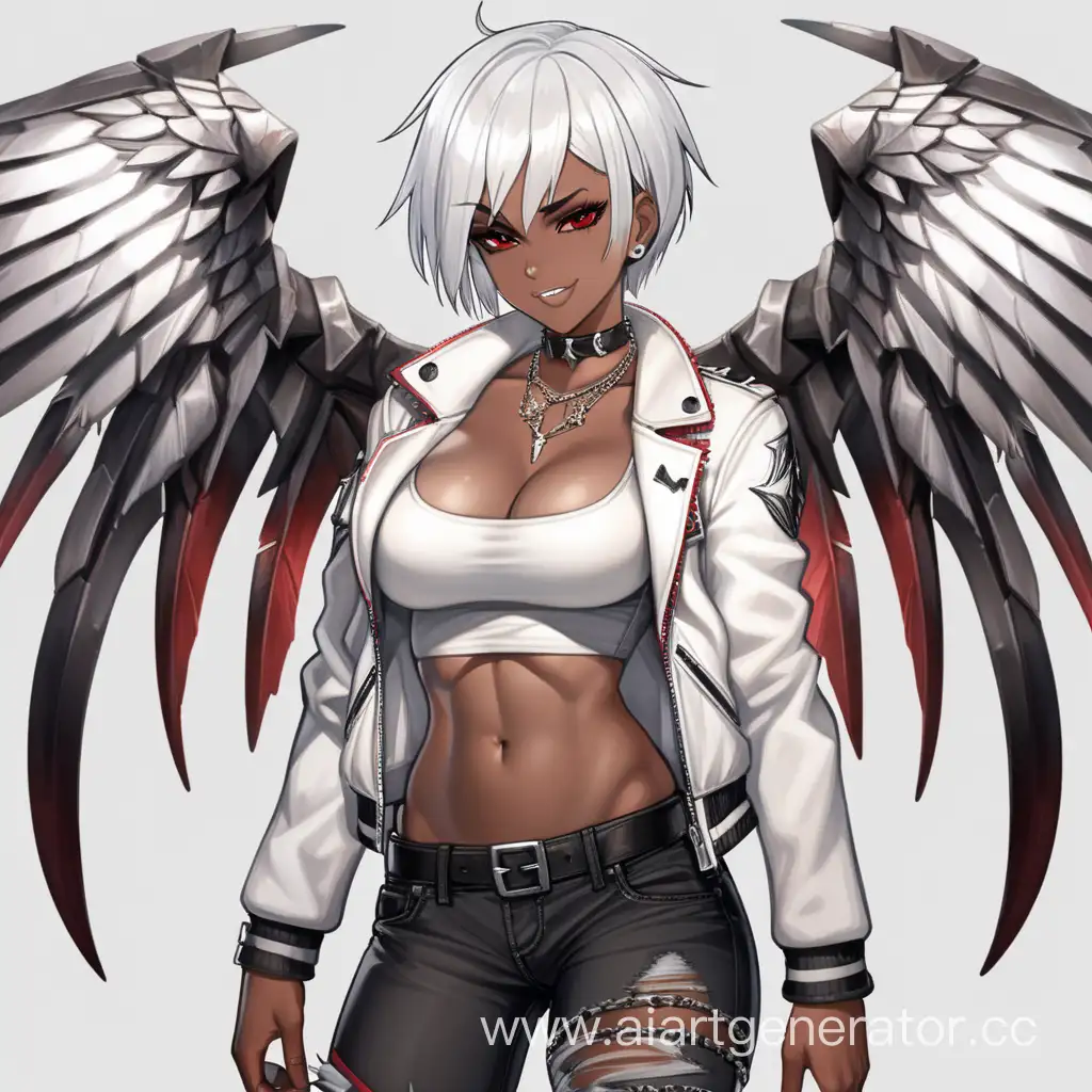 Battle Field, 1 Person, Women, Human, White hair, Short hair, Spiky Hairstyle, Dark Brown Skin, White Wings, White Jacket, White Shirt, Black Jeans, Choker, Chains, Black Lipstick, Serious Smile, Scarlet Red-eyes, Sharp Eyes, Big Breasts,  Flexing Muscles, Muscular Arms, Muscular Legs, Well-toned Body, Muscular Body, Red Smoke, 