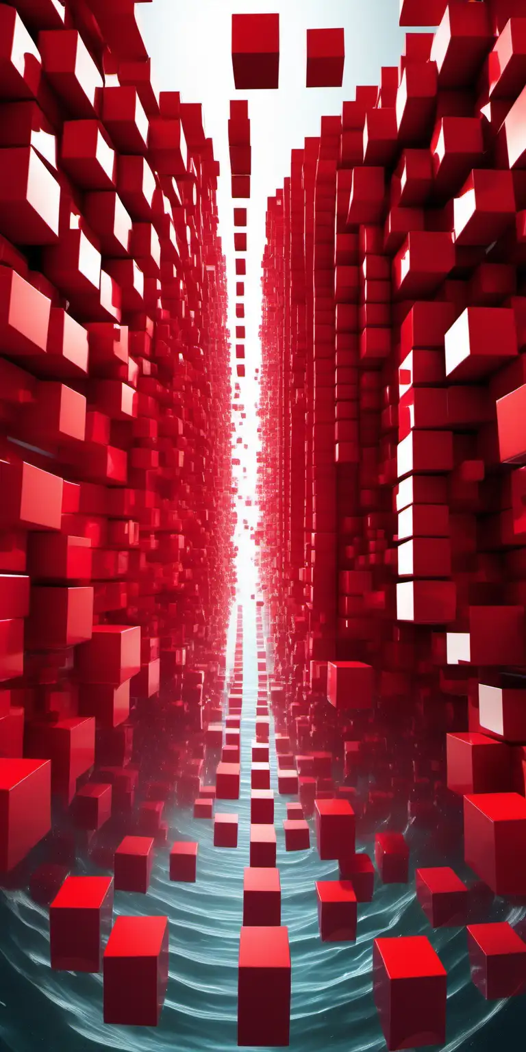 Hundreds of Red cubes with different sizes overlapping one another; cubes are more dense  at the bottom and less at the top. All of this on top of water and with a smog Context