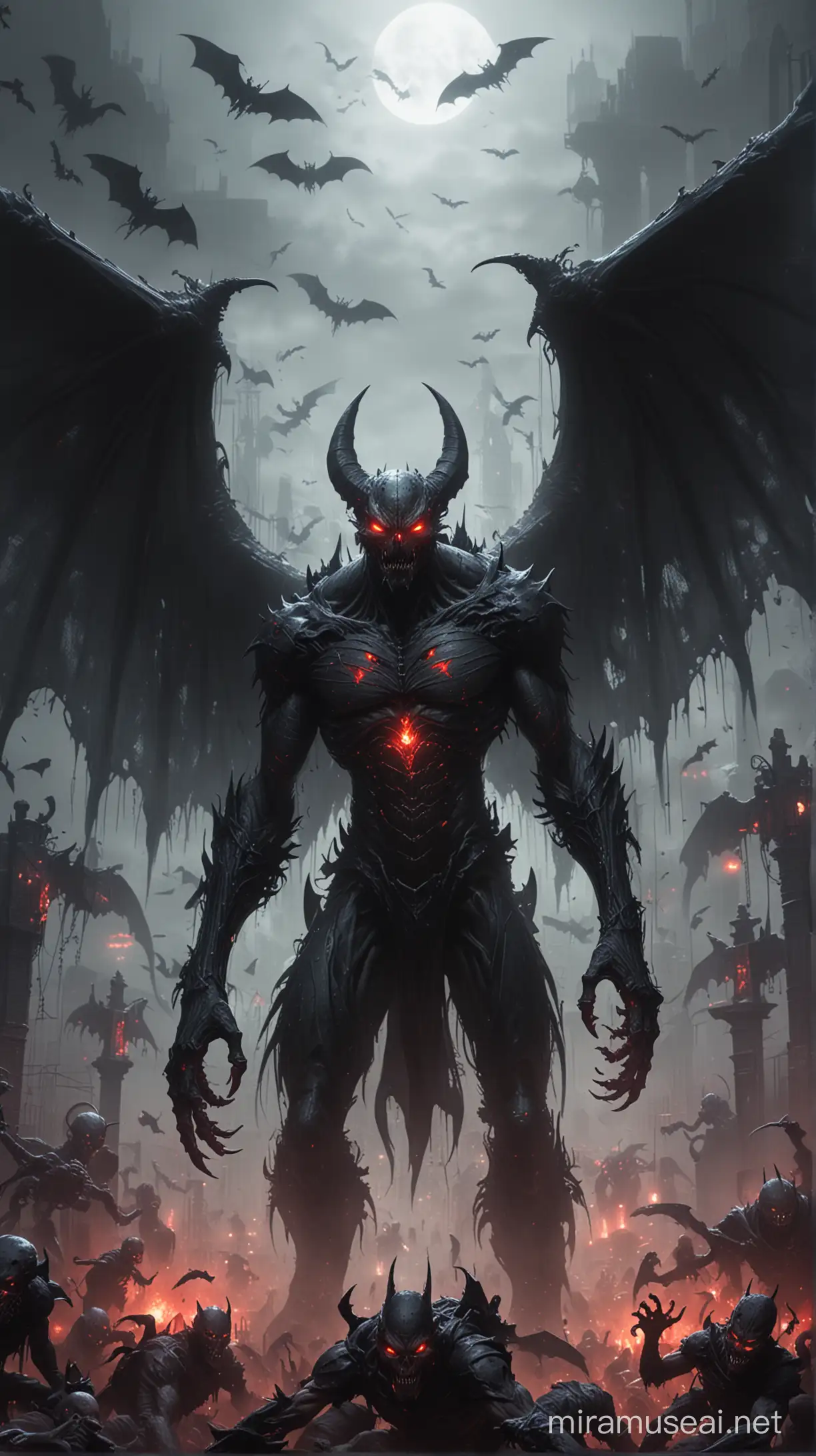 A monstrous humanoid creature with bat-like wings and insectoid features, its black wings stretched wide, red eyes glowing ominously in a dark foggy graveyard surrounded by demon zombie creatures.
