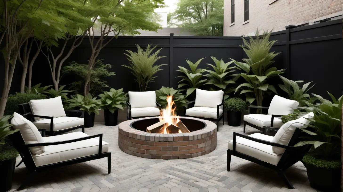 Chic European Courtyard with Firepit and Stylish Seating