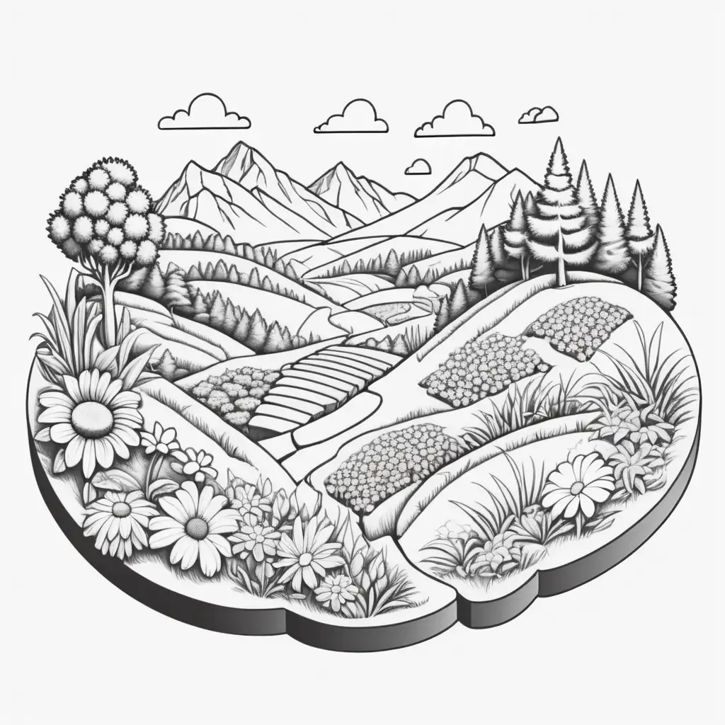big wide, landscape with flowers and stuff  icon image to be used in the application logo, big, isometric icon style, black outlines , for coloring page, black and white, white background, much detail, white background,  full picture