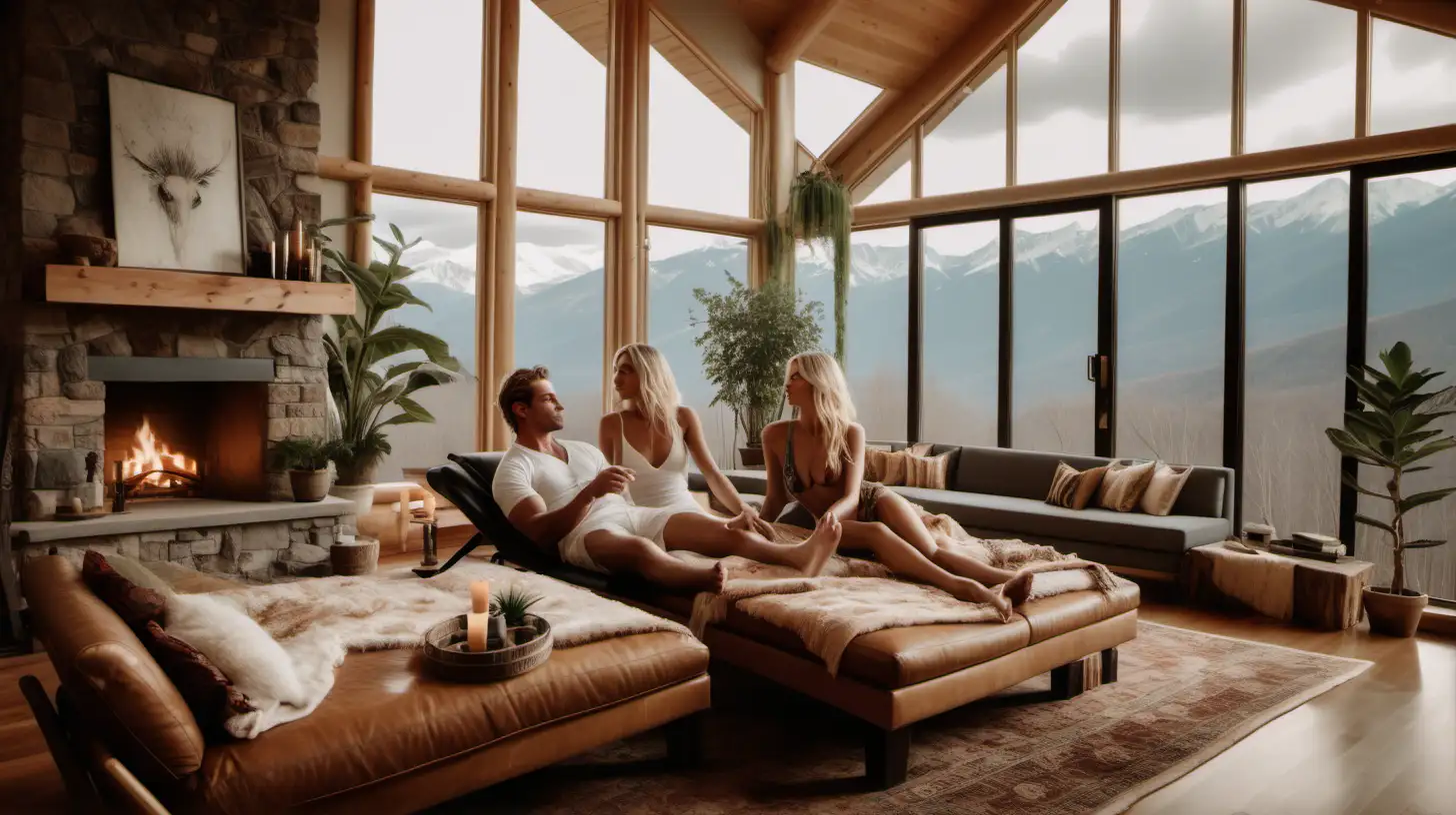 2 people lounging in a large room
sexy man and a beautiful woman - blonde, fit, boho jewelry designer - a massage 
in a mountain home with floor-to-ceiling windows, a fireplace, books, overstuffed furniture, and plants hanging and scattered throughout the room