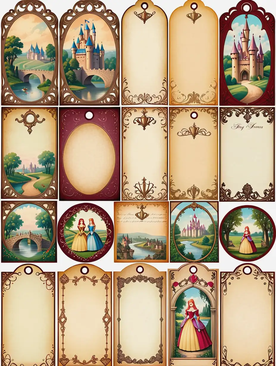 Vintage Elizabethan background papers, bookmarks, tags and postal cards fairy tales, princess, princes and castles