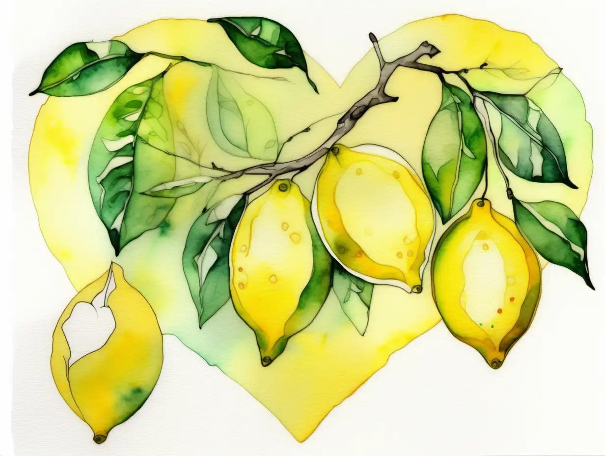 lemons in a branch in a heart
  yellow and green  watercolours  with think lines shapes white background elegant art