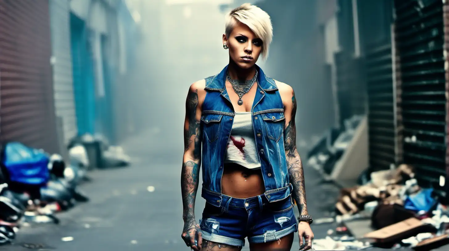 Powerful Tattooed Female Gang Member in Urban Foggy Alley