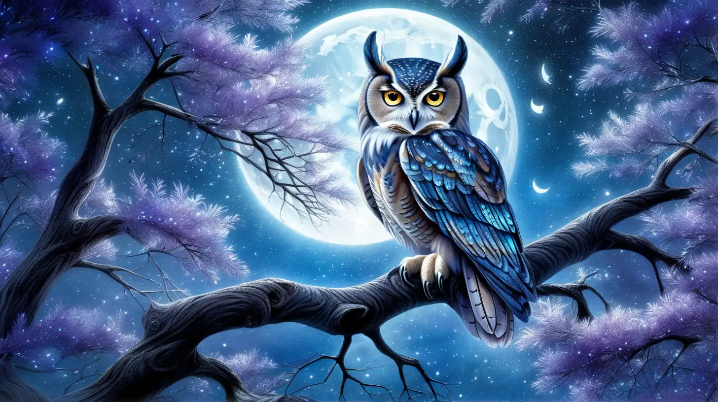 in anime style, a mystical forest realm with  magical shimmering lavenders and blues owl Perched on moonlit branches  with feathers that shimmer with sparkling  silver, blend seamlessly into the shadows. Their calls echo through the Enchanted Grove, carrying with them the ancient wisdom of Eldrath,  their eyes reflecting the mysteries of the night.