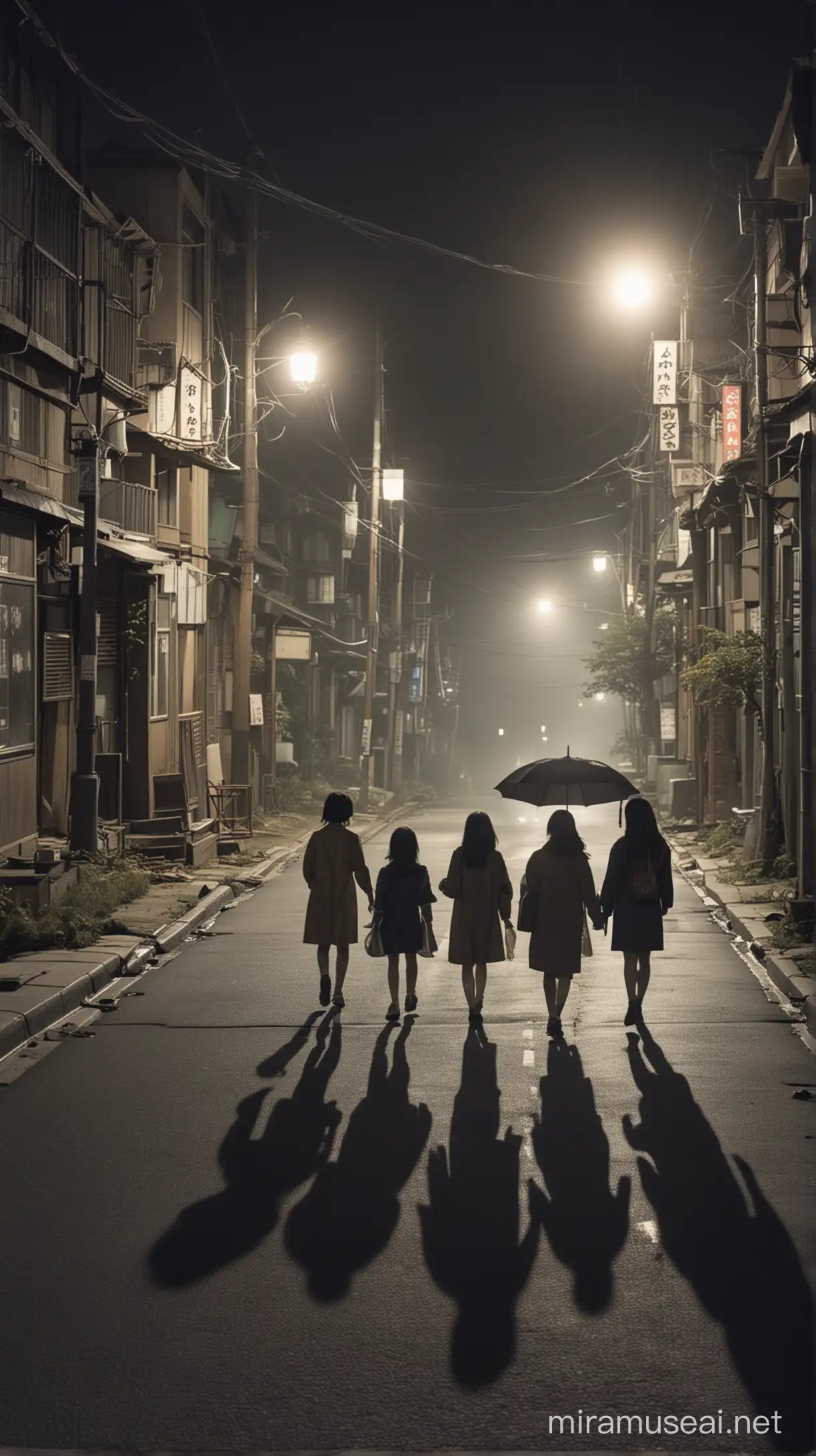 Japanese Students and Teacher Strolling on a 1970s Themed Spooky Street