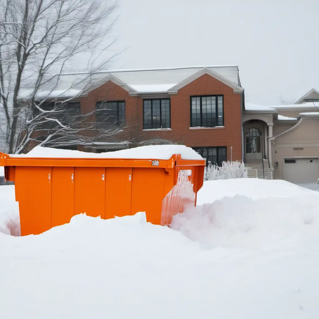 orange 20 yard construction dumpster under a big snowdrift