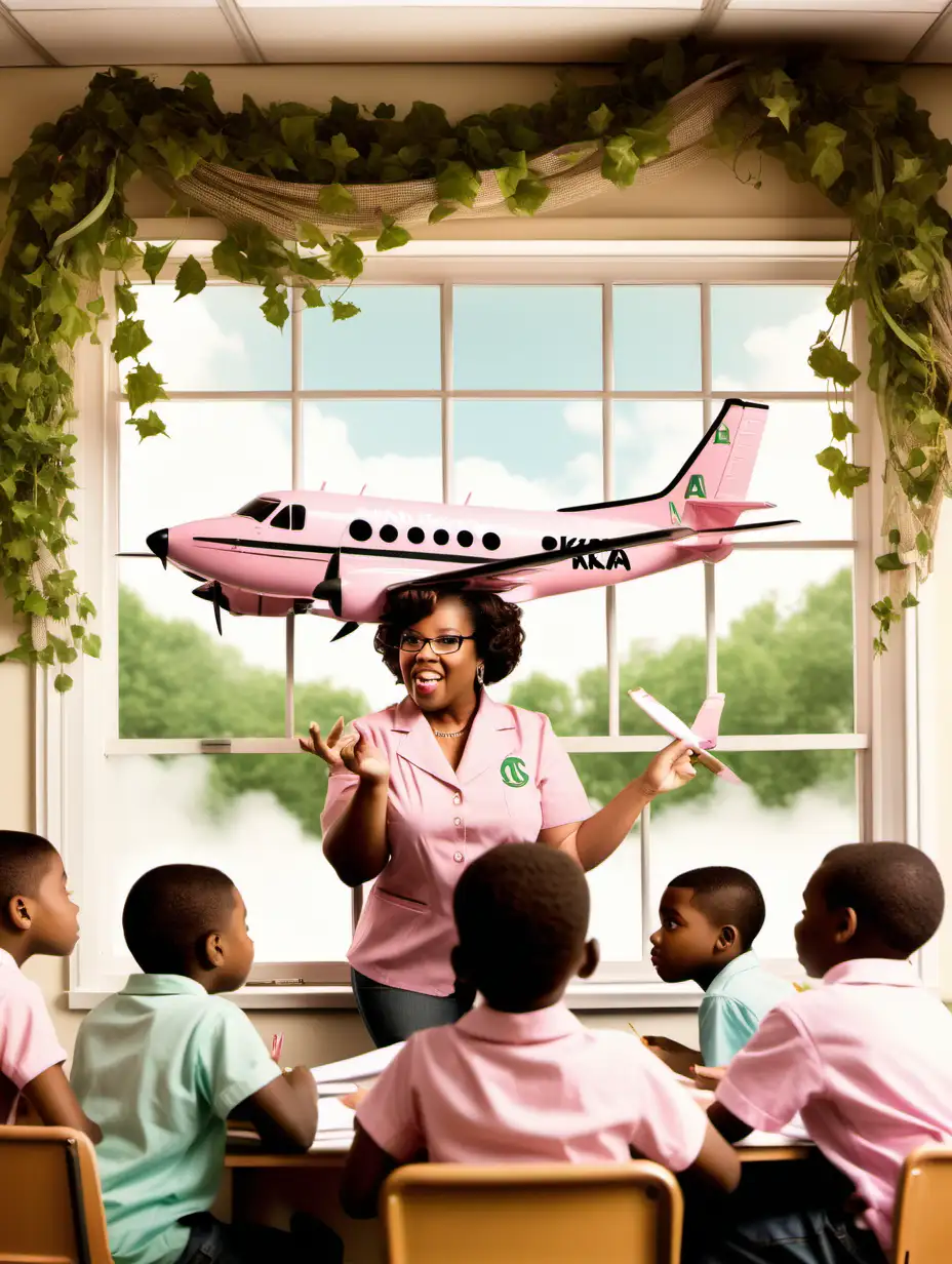 create an image of an alpha kappa alpha woman  teaching tween boys and girls in school . put a plane in the window of classroom. soft colors. incorporate some ivy