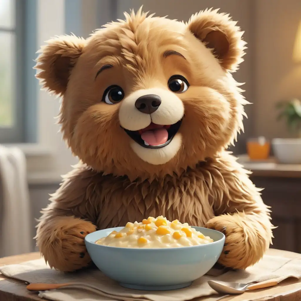 Smiling Teddy Bear Enjoying Delicious Porridge