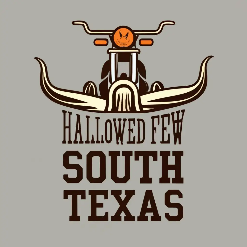 logo, Texas Longhorn steer riding a Harley Davidson in Texas viewed from the front, with the text "Hallowed Few South Texas", typography
