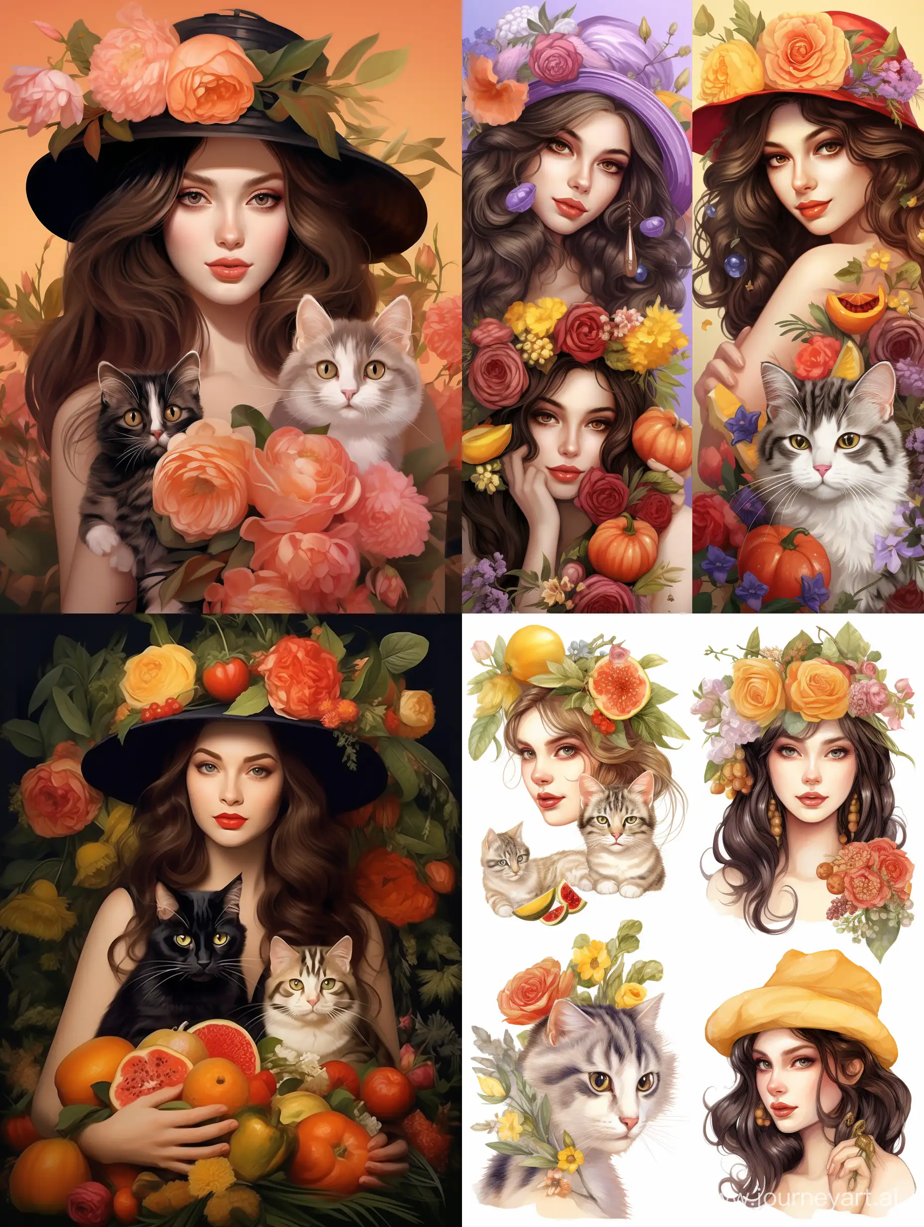 Beautiful-Brunette-with-Fruits-and-Flowers-Adorned-in-a-Hat-with-Cat-and-Dog