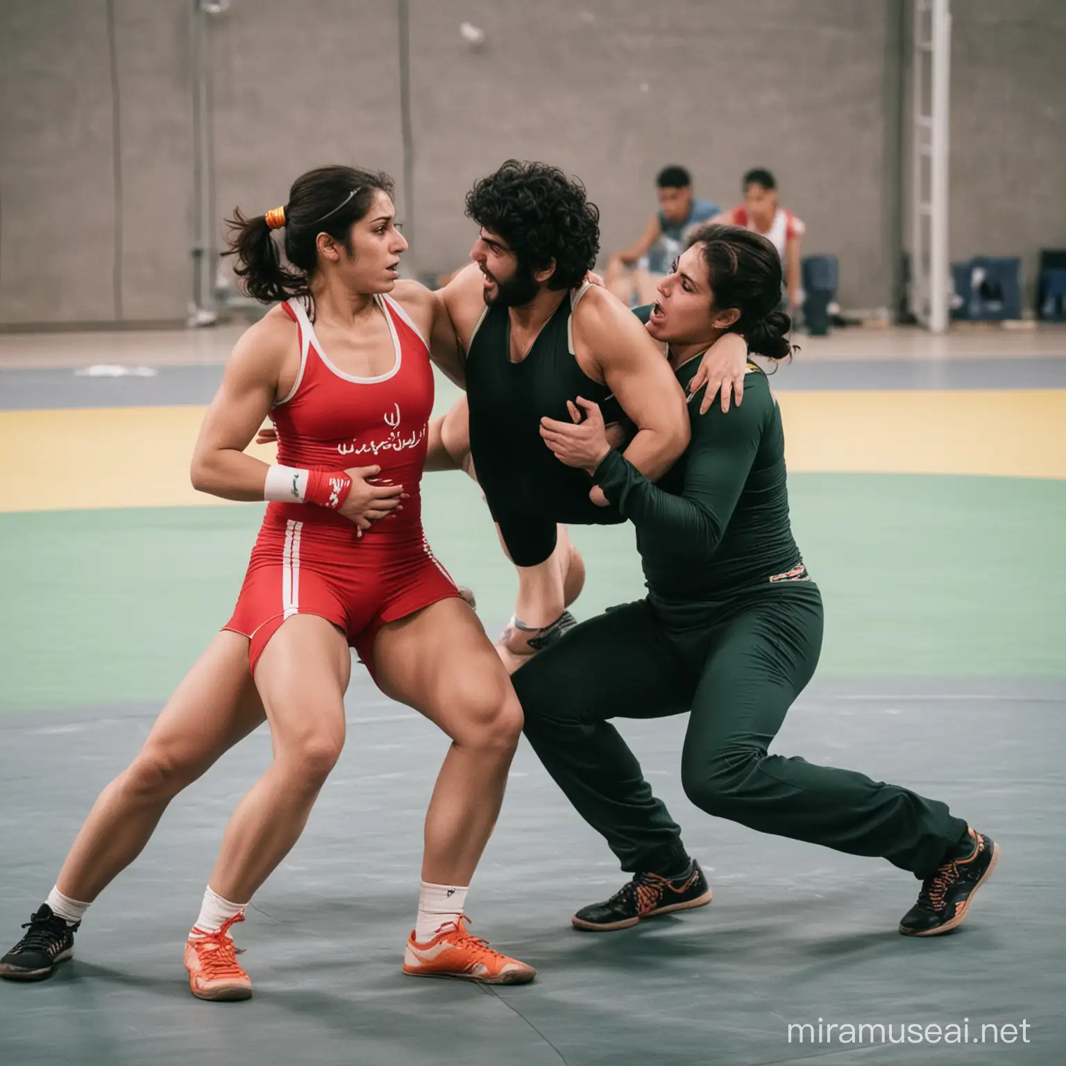 Iranian Woman Wrestling Against Man with Female Wrestler