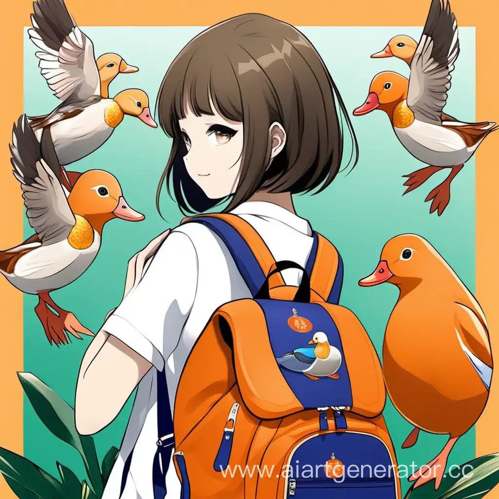 girl. She's wearing a mandarin-shaped backpack. There is a large mandarin duck nearby