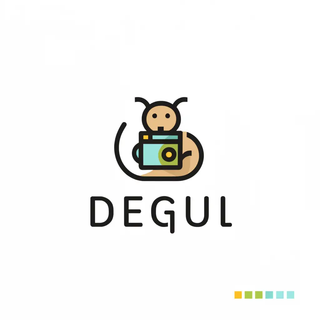 a logo design,with the text 'Degu', main symbol:a mouse and a camera,Minimalistic,clear background