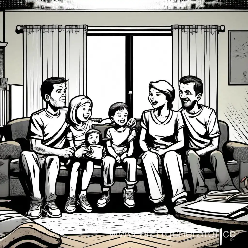 картинка в стиле комикса, где семья дружно сидит и общается