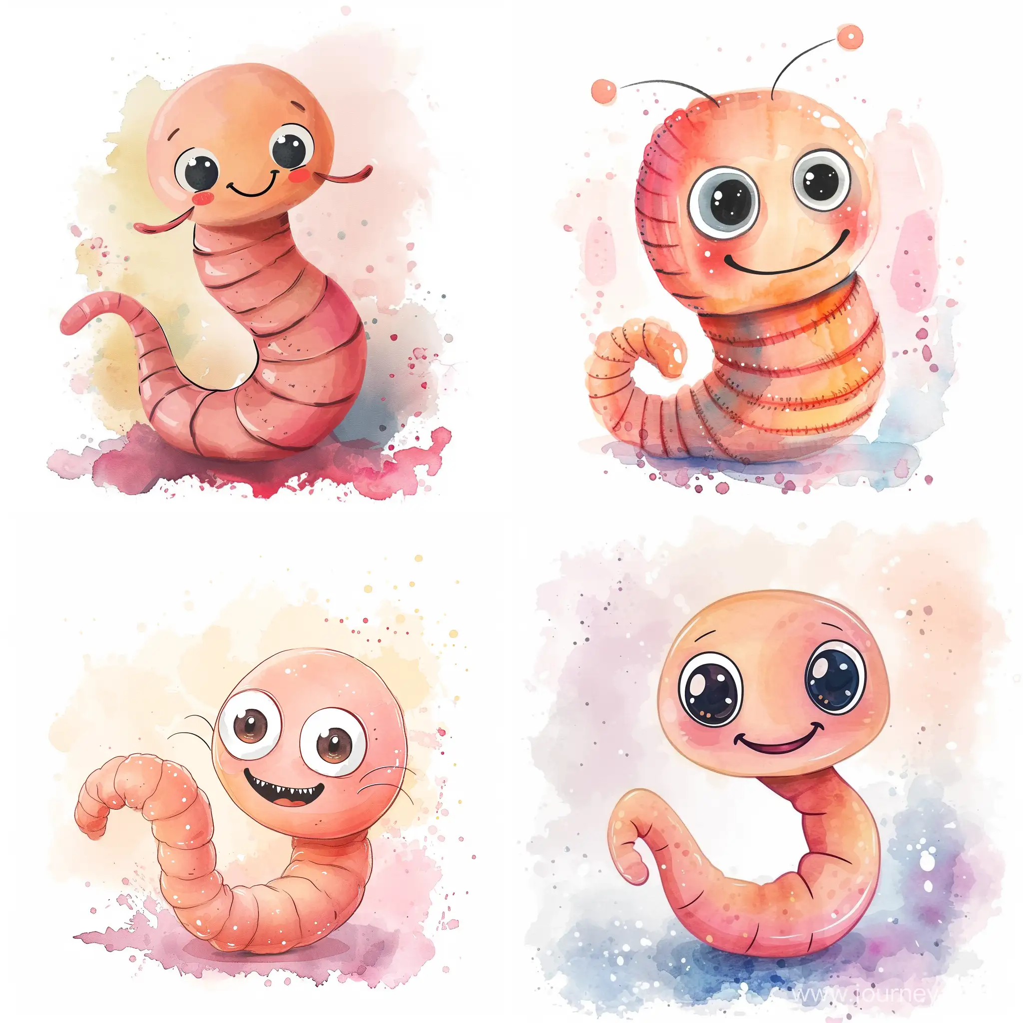 Worm cartoon with smile and big eyes, watercolor,kawaii,no background