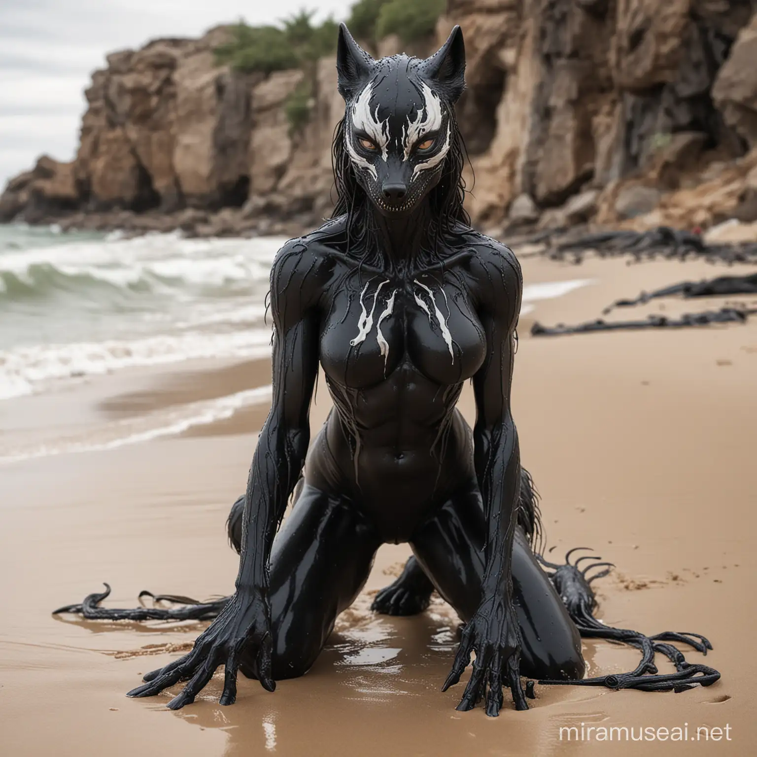 A full-body, highly detailed, realistic anthro female Wolf She-venom Symbiote   The Symbiote wolf female has a wet  muscular toned body with black skin and symbiote venom  chest marking , perfect Symbiote eyes ,and is layingin the sand at the beach looking at you. 

