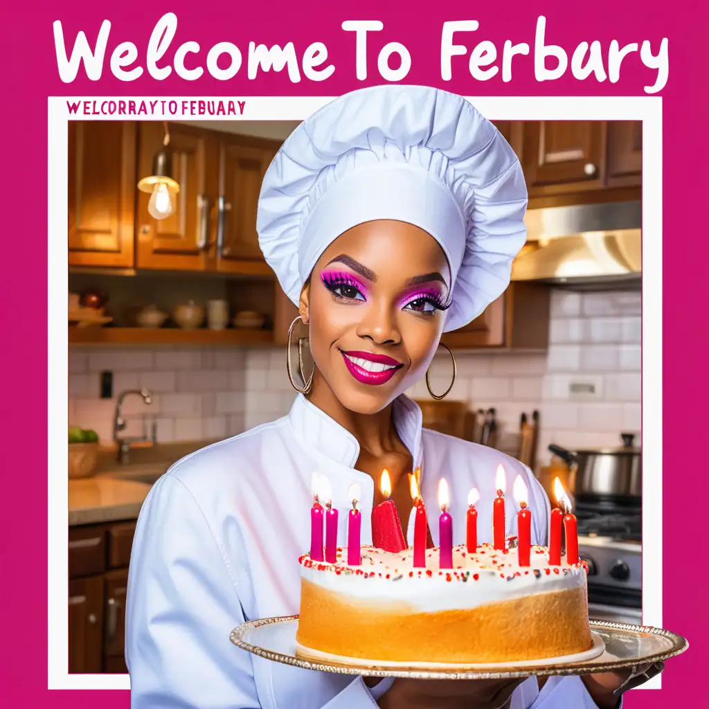 create a vibrant colourful photo of a beautiful African-American woman wearing a white chef jacket and headwrap, flawless make-up. She's holding a birthday cake. the background is designed in calendar theme and the bold text 'Welcome to February'
