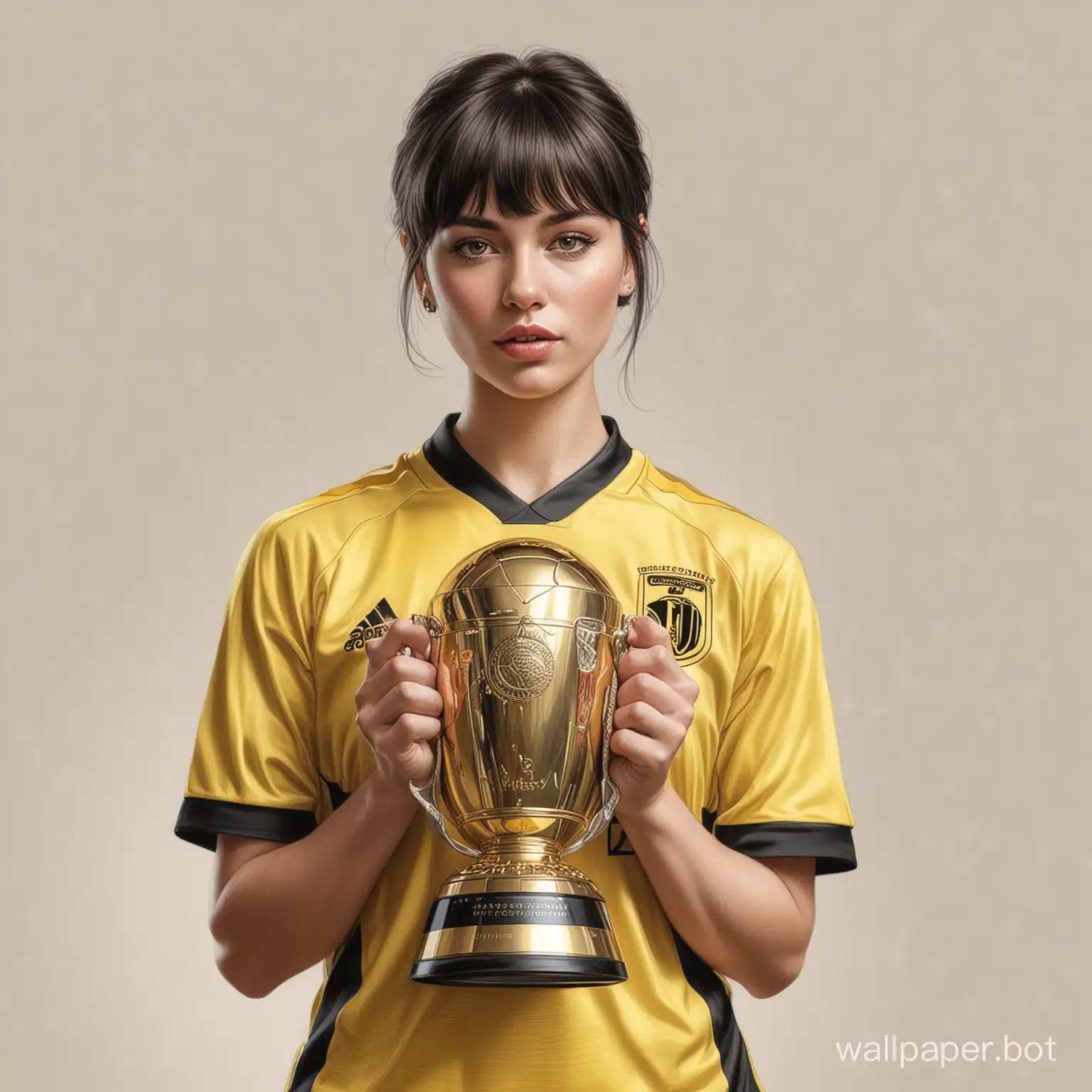 Sketch Tatiana Lanina 25 years old dark short hair with bangs 7th size breasts narrow waist in Yellow-black soccer uniform, holding a large Champions Cup on a white background high-realistic drawing colored pencil