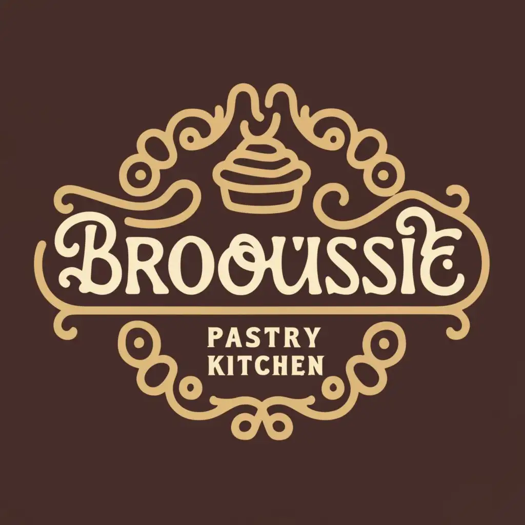 logo, stylized pastry, with the text "Broussie Pastry Kitchen", typography