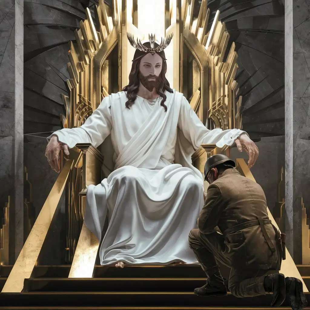 imagine Jesus Christ sitting on throne, wearing crown, (masterpiece:1.4), (bestquality:1.2), highly detailed, ultra-detailed, majestic, elegant, royal, {Adolf Hitler kneeling before Jesus Christ}, {grand throne room}, {submission}, (detailedthrone), (crownoftheking:1.3), (goldenlight:1.2), (whiteglow:1.3), (sleekdesign), (angledlegs), side-view low-angle photo