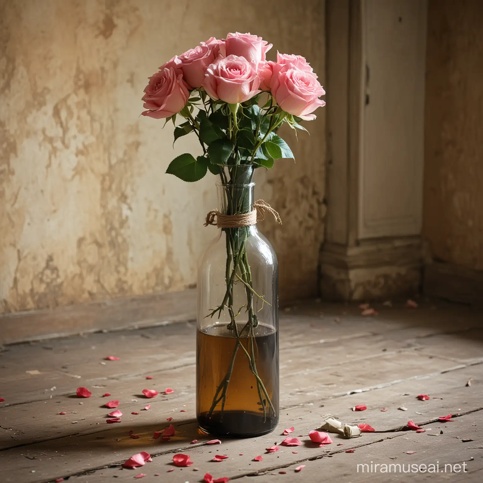 A picture of a bottle with roses inside in an old room 