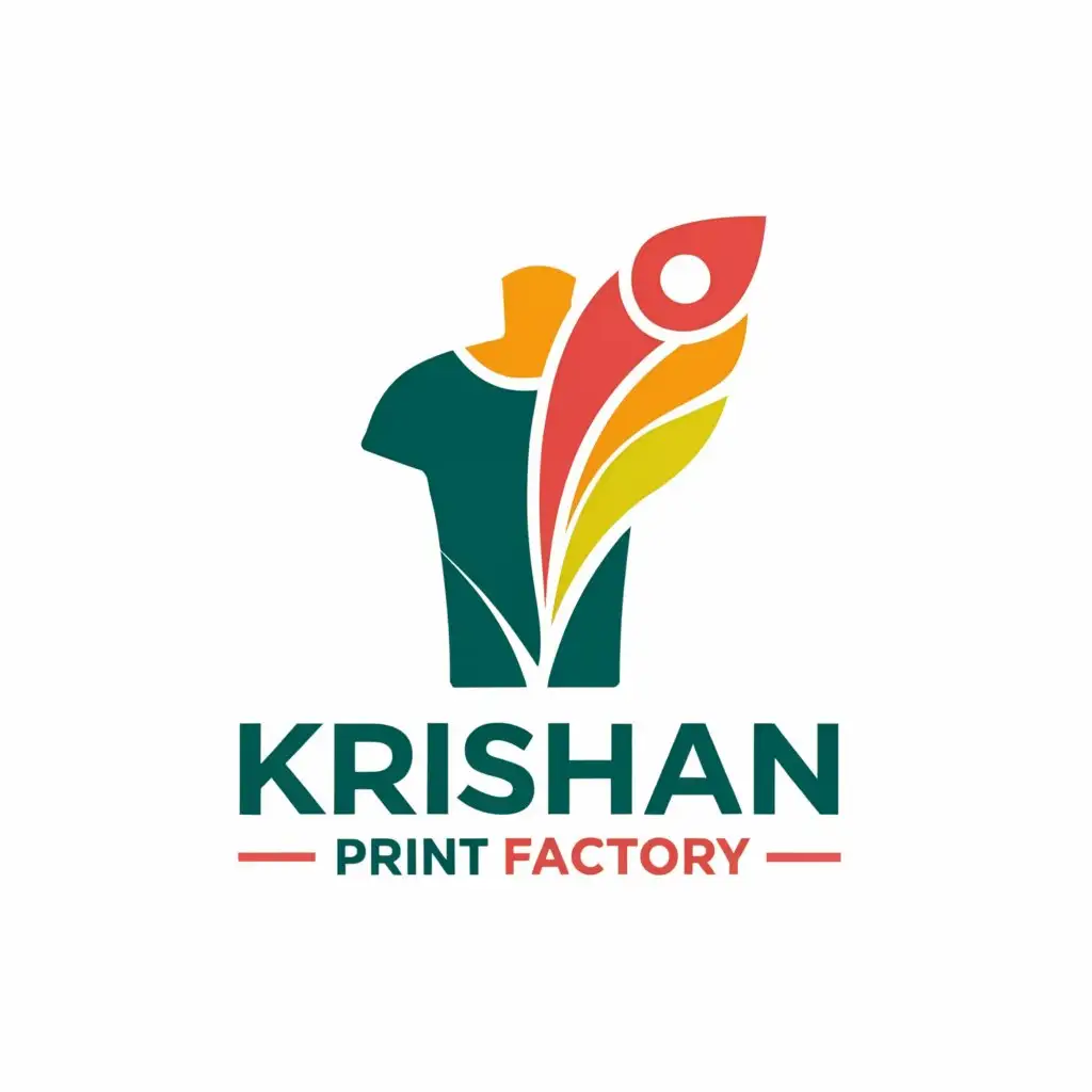 a logo design,with the text "Krishan Print Factory", main symbol:T-Shirt & Peacock Feather,Minimalistic,be used in Retail industry,clear background