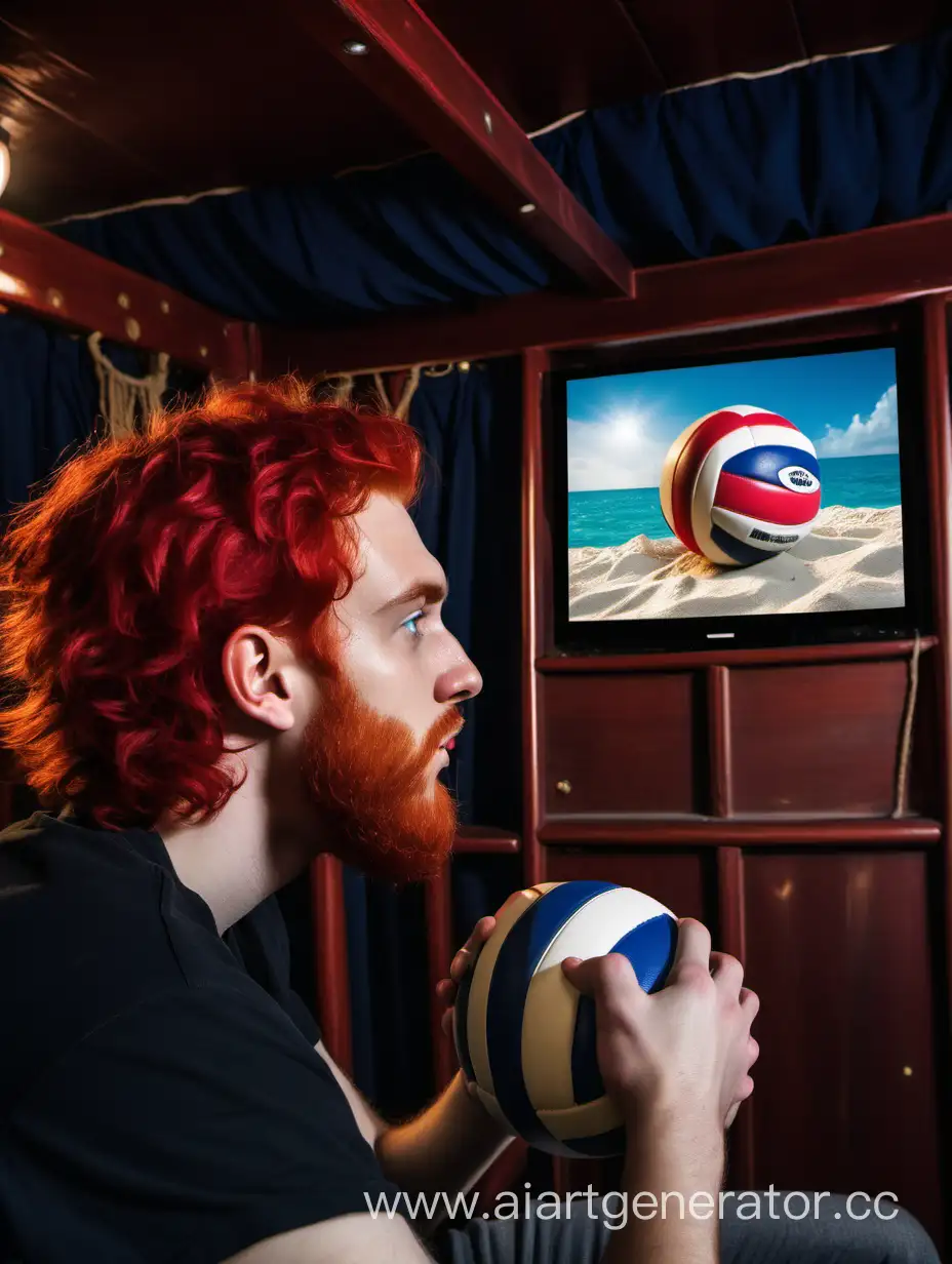 парень с рыжими волосами и волейбольным мячом на пиратском коробле смотрит телевизор