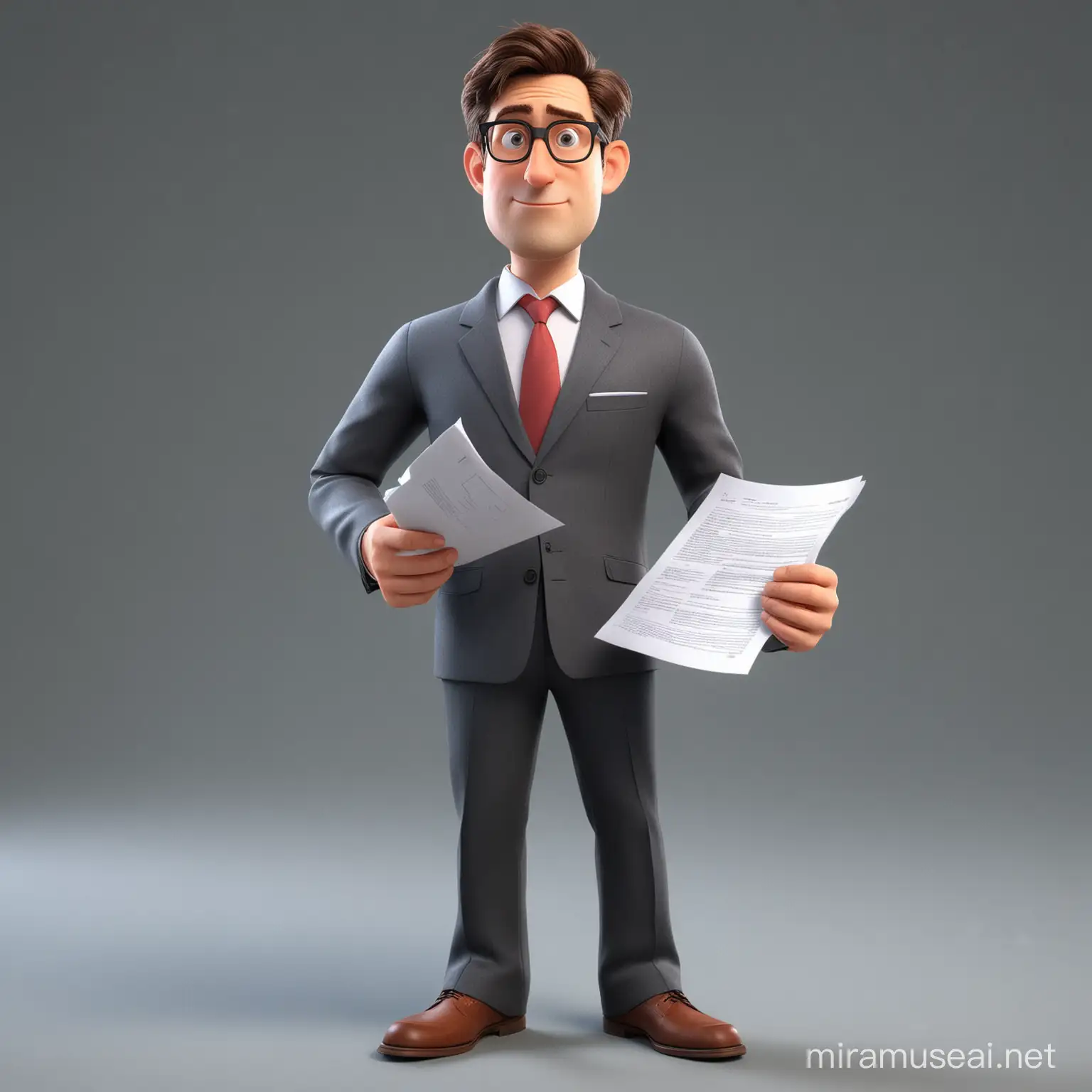 Businessman in Glasses Reacting to Document in Full Body 3D Pixar Style