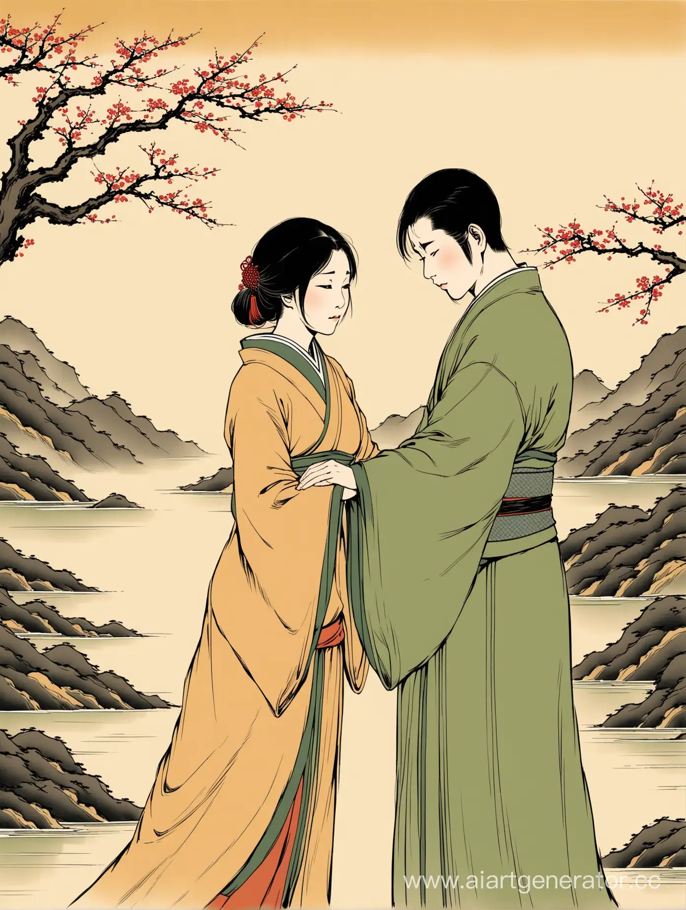 Грустная азиатская пара расстаётся, в стиле традиционной азиатской живописи