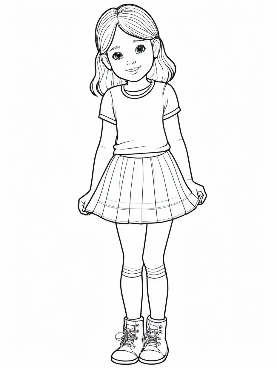 GIRL WEARING TIGHTS AND A JEAN SKIRT , Coloring Page, black and white, line art, white background, Simplicity, Ample White Space. The background of the coloring page is plain white to make it easy for young children to color within the lines. The outlines of all the subjects are easy to distinguish, making it simple for kids to color without too much difficulty