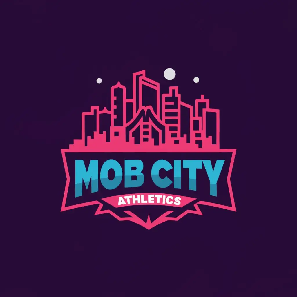 a logo design,with the text "Mob City Athletics", main symbol:nightime city skyline. hot pink and sky blue,complex,be used in Entertainment industry,clear background