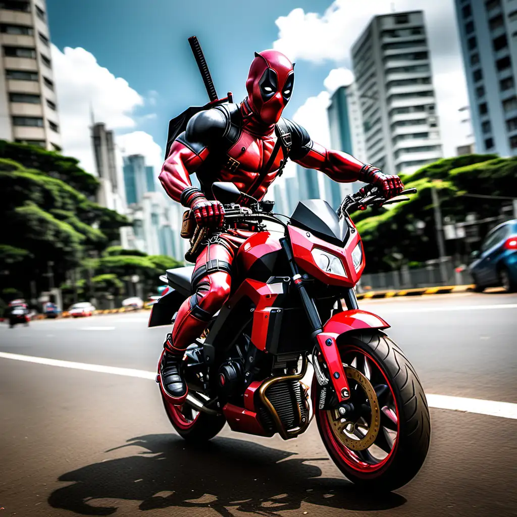MAKE AN ACTION SHOT OF DEAPOOL RIDING A Deadpool-themed Fazer 150/YBR 150 IN SAO PAULO BRAZIL