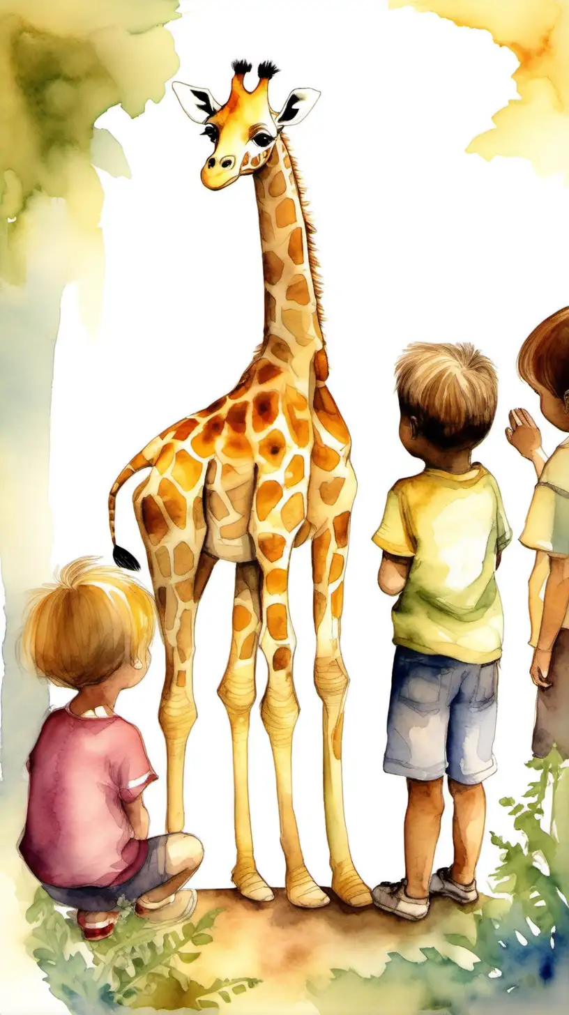 The children are diverse in appearance and are shown sitting or standing on the ground, looking up in wonder. Their expressions are of fascination and joy as they listen to Stella's stories, Stella is a giraffe, children soraunding a giraffe. use watercolor style