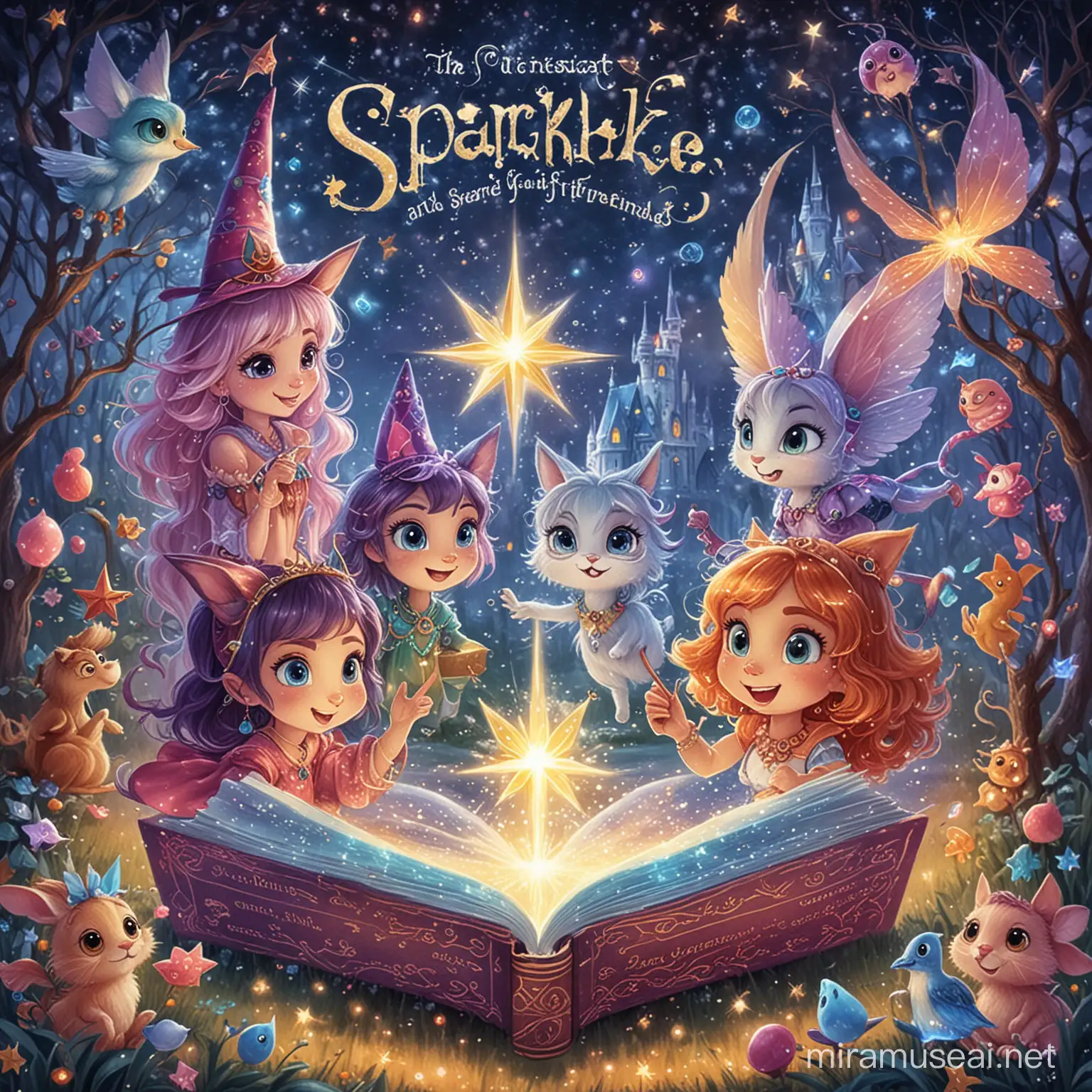 Generate ulustrate  book cover 8,5 x 8,5 cm

Title: “The Magical Adventures of Sparkle and Friends”
Author Yvan Baya
