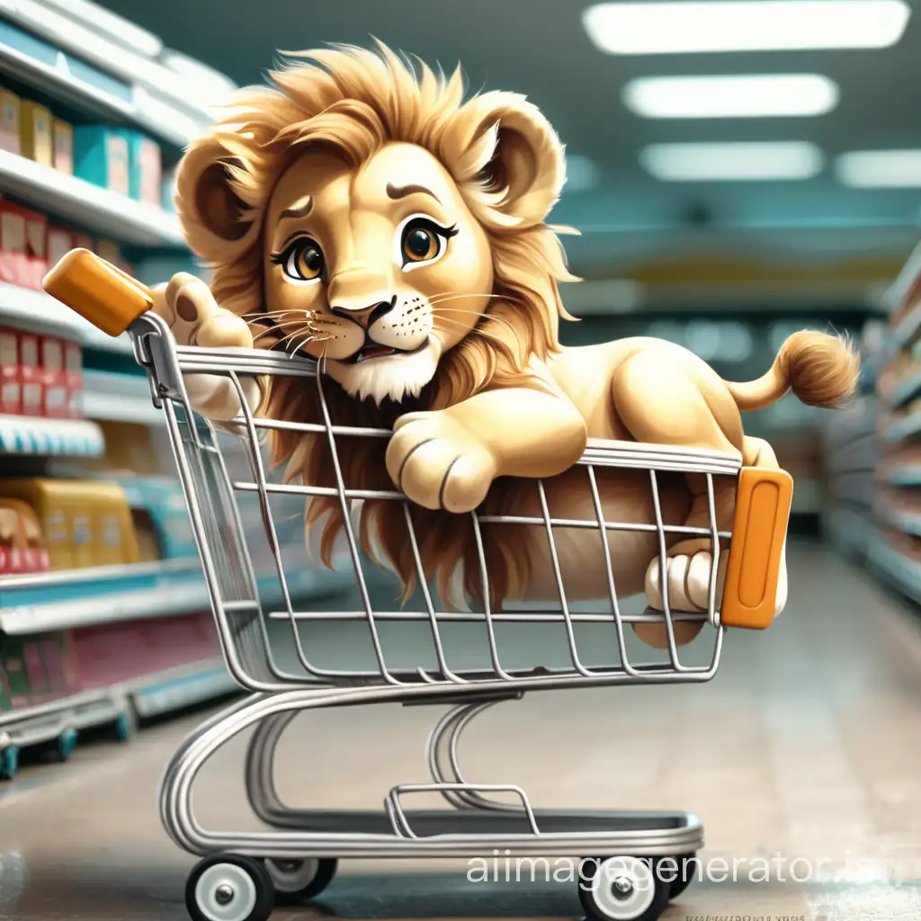 A cute and joyful baby lion lay on a shopping cart.